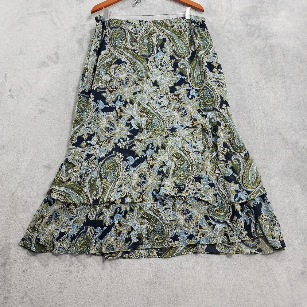 Vintage CJ Banks Skirt Womens X (14W) Blue Paisley Floral Ruffle Hem Chiffon
